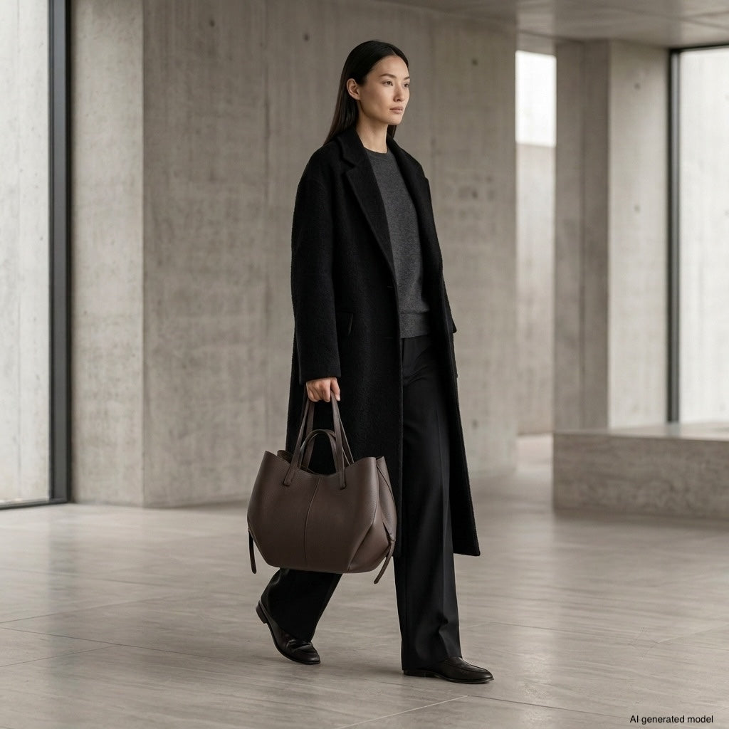 A woman in a long black coat and dark pants walks indoors, carrying a handmade in Italy brown handbag. The background features modern concrete walls and floor-to-ceiling windows.