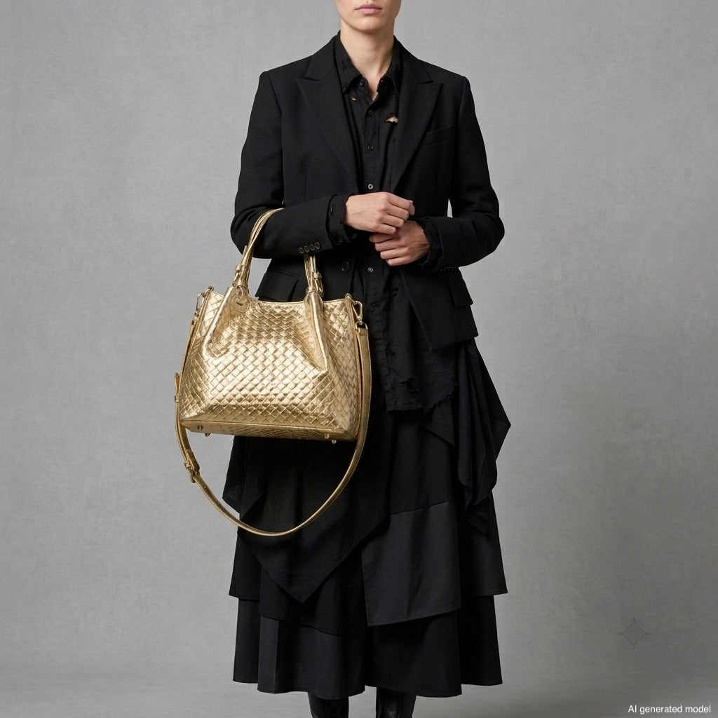A person wearing a black layered outfit holds a large, shiny gold woven-effect handbag, showcasing authentic Italian craftsmanship. The background is plain gray, and the person's face is partially out of frame.