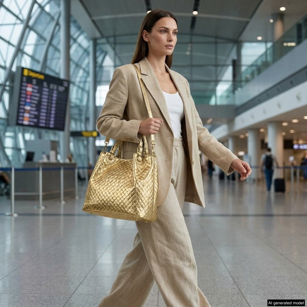 A woman in a beige suit walks through an airport terminal, carrying a large Italian metallic suede purse. Flight information screens and glass walls are visible in the background.