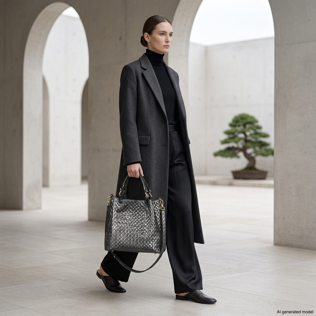 A woman in a long dark coat, black turtleneck, and wide-leg pants walks in a modern, minimalist space with arches and a bonsai tree, carrying an elegant woven-effect handbag that exemplifies authentic Italian craftsmanship.