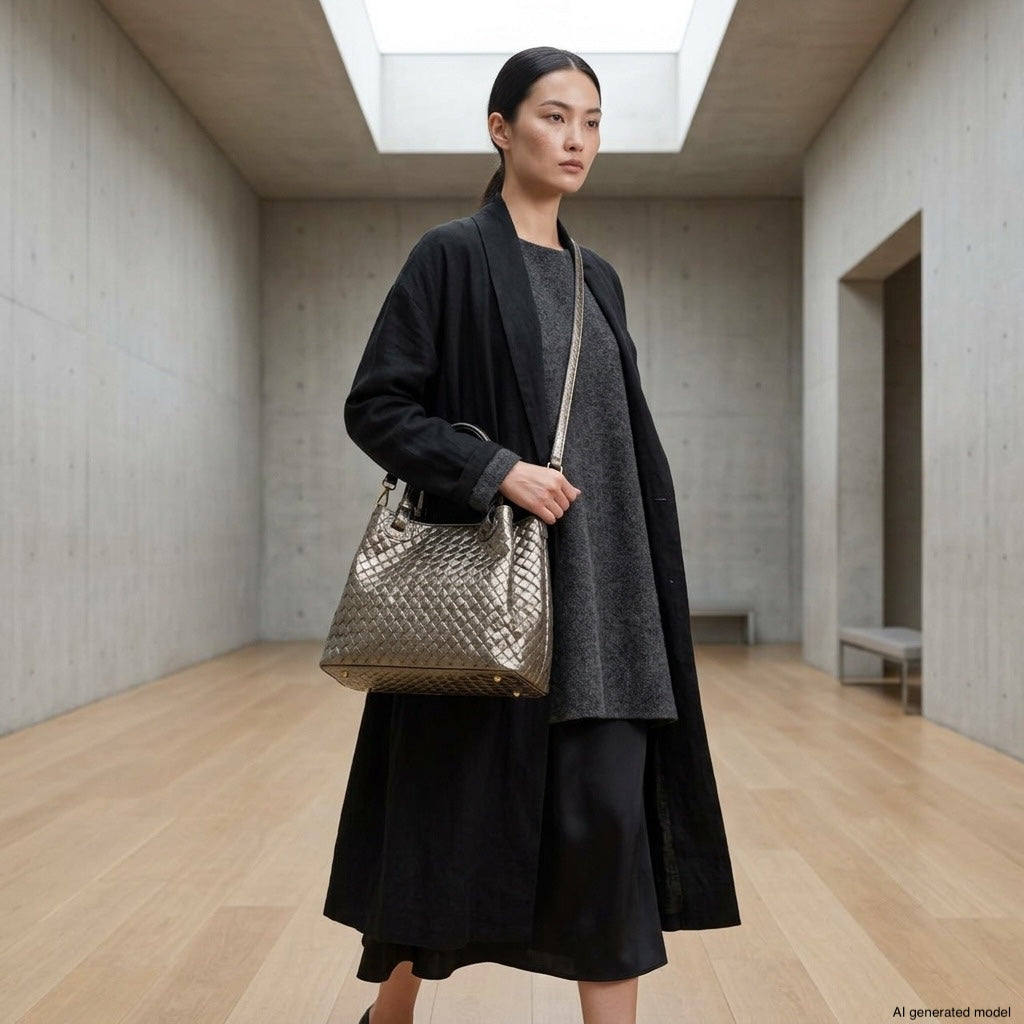 A woman in a long black coat carries an Italian metallic suede purse, showcasing authentic Italian craftsmanship, as she walks through a modern, minimalistic room with concrete walls and wooden floors.