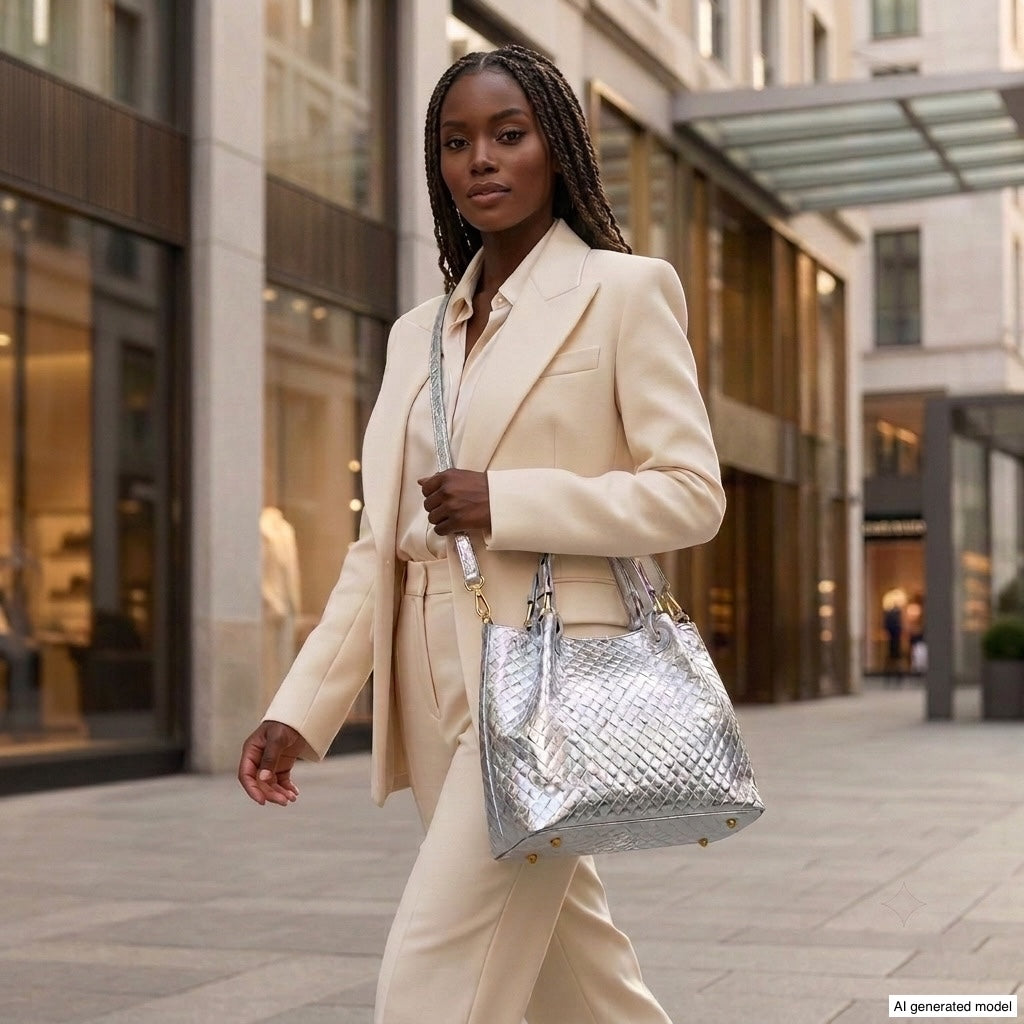 A woman in a beige suit walks confidently down a city street, carrying a woven-effect handbag over her shoulder, showcasing authentic Italian craftsmanship.