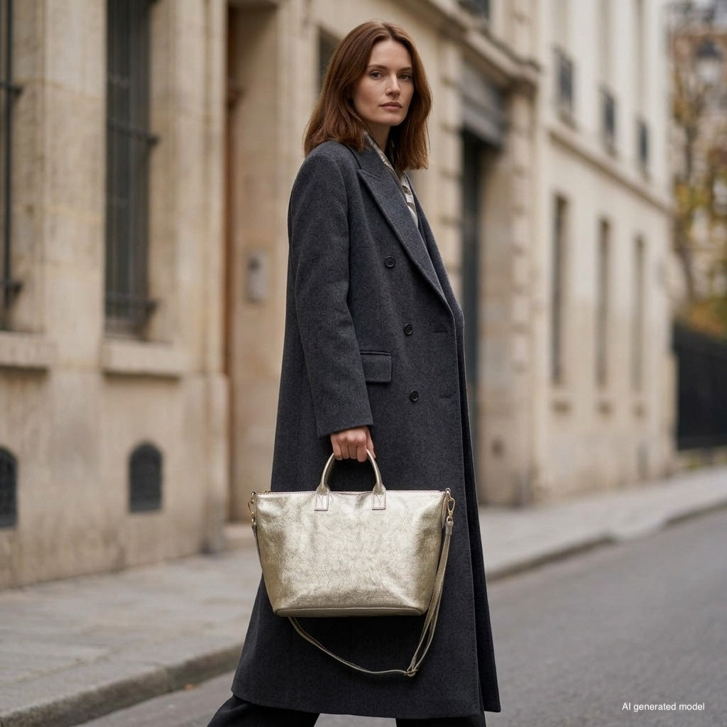 A woman in a long dark coat stands on a city sidewalk, holding a handcrafted Italian handbag with a metallic finish. The street and buildings around her appear quiet and elegant.