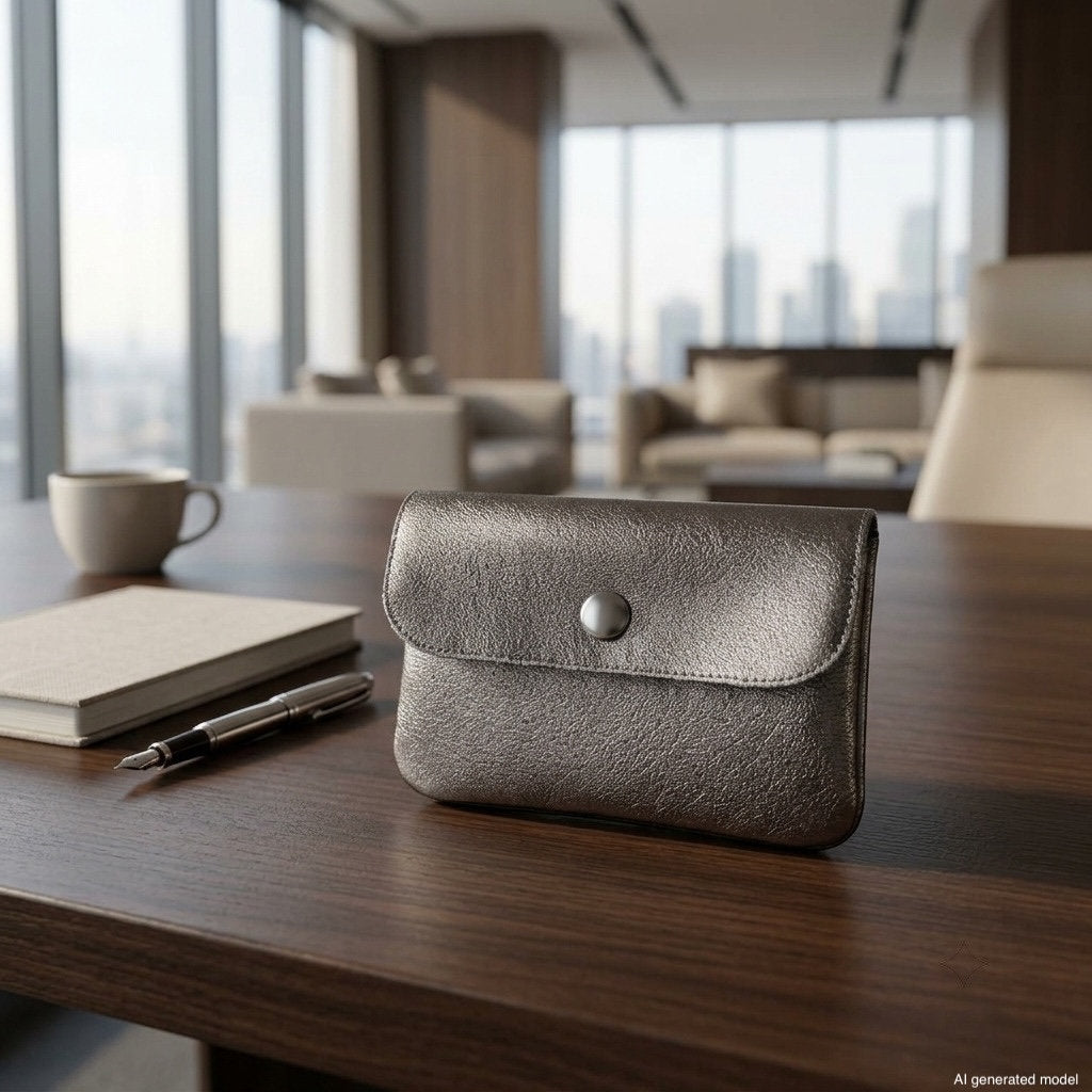 A metallic suede wallet sits on a wooden office table near a notebook, pen, and coffee cup, with a city skyline visible through large windows in the background.