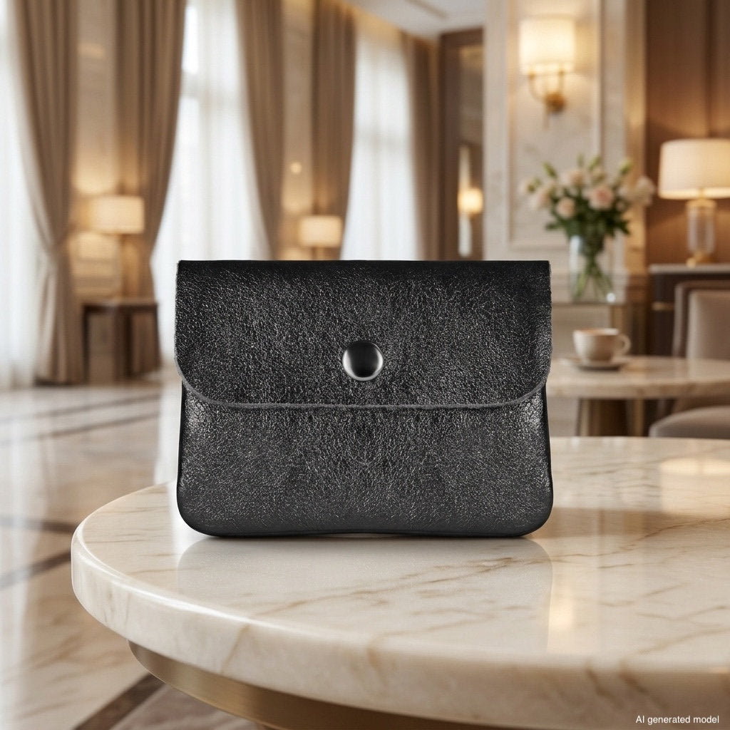 A black leather clutch purse and a slim everyday wallet with a button closure sit on a round marble table in a luxurious, well-lit room with large windows, elegant curtains, flowers, and armchairs.