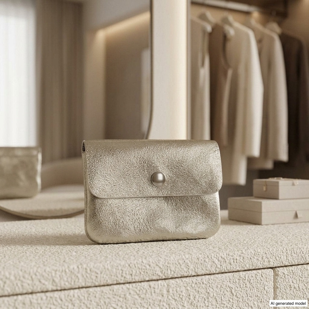 A small, metallic gold purse—resembling a slim everyday wallet with a button clasp—sits on a textured surface in a modern, neutral-toned dressing room with hanging clothes and boxes in the background.