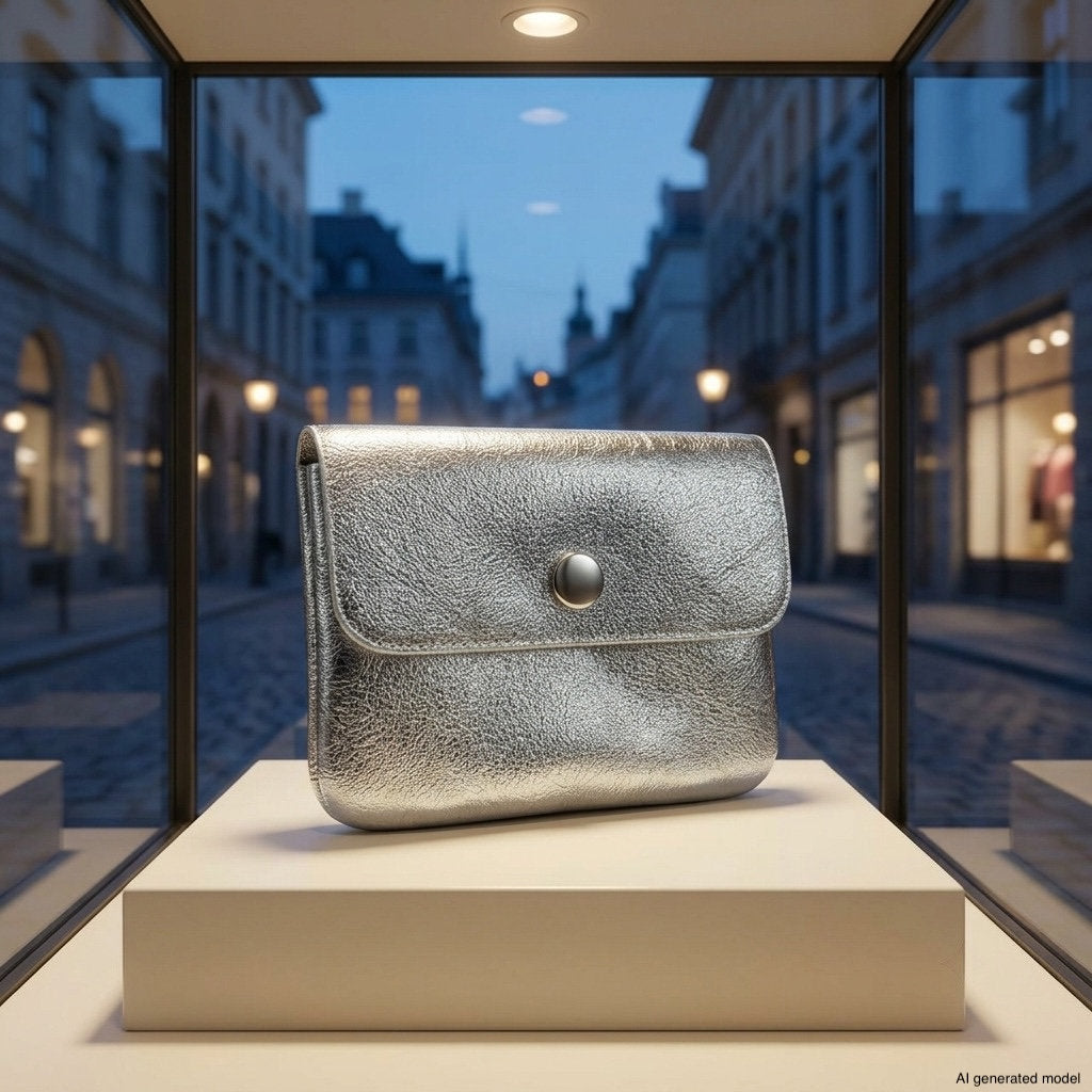 A silver metallic clutch purse, reminiscent of a slim everyday wallet, is displayed on a pedestal in a store window, with a city street and buildings visible in the background at dusk.