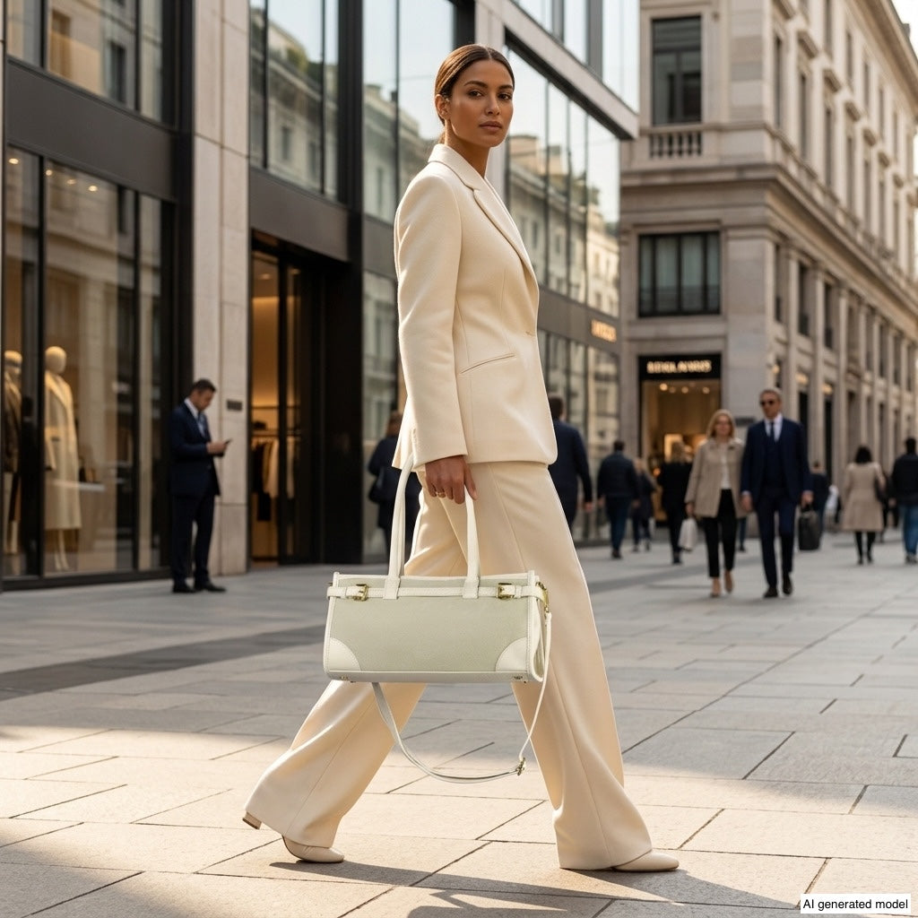 A woman in a cream suit carrying a structured handbag walks confidently down a city street lined with modern buildings and glass storefronts.