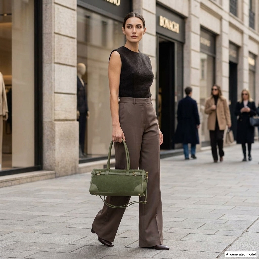 A woman in a sleeveless black top, brown wide-leg pants, and heels stands on a city street holding a large structured Italian leather handbag. Storefronts and people are visible in the background.