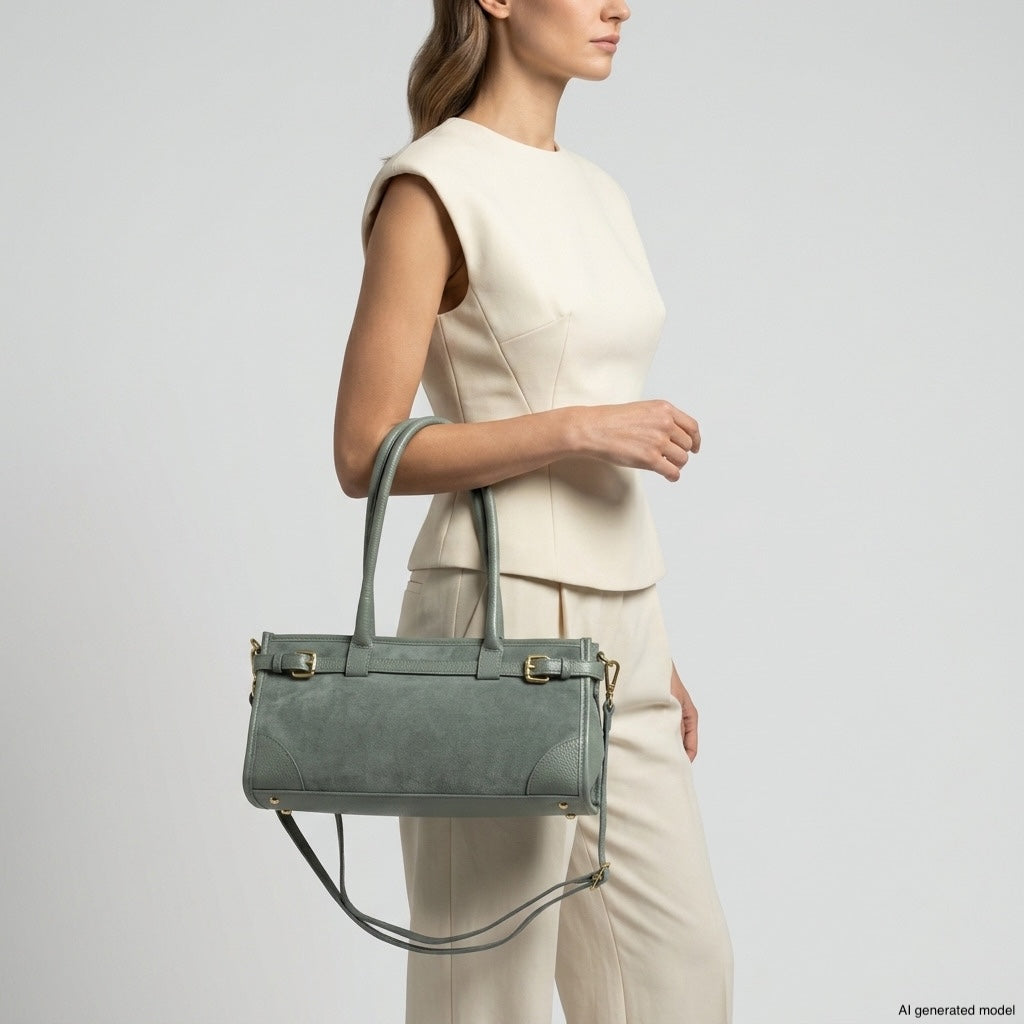 A woman in a cream sleeveless top and pants holds a sage green Italian leather handbag with gold accents and a shoulder strap, standing against a plain light background.