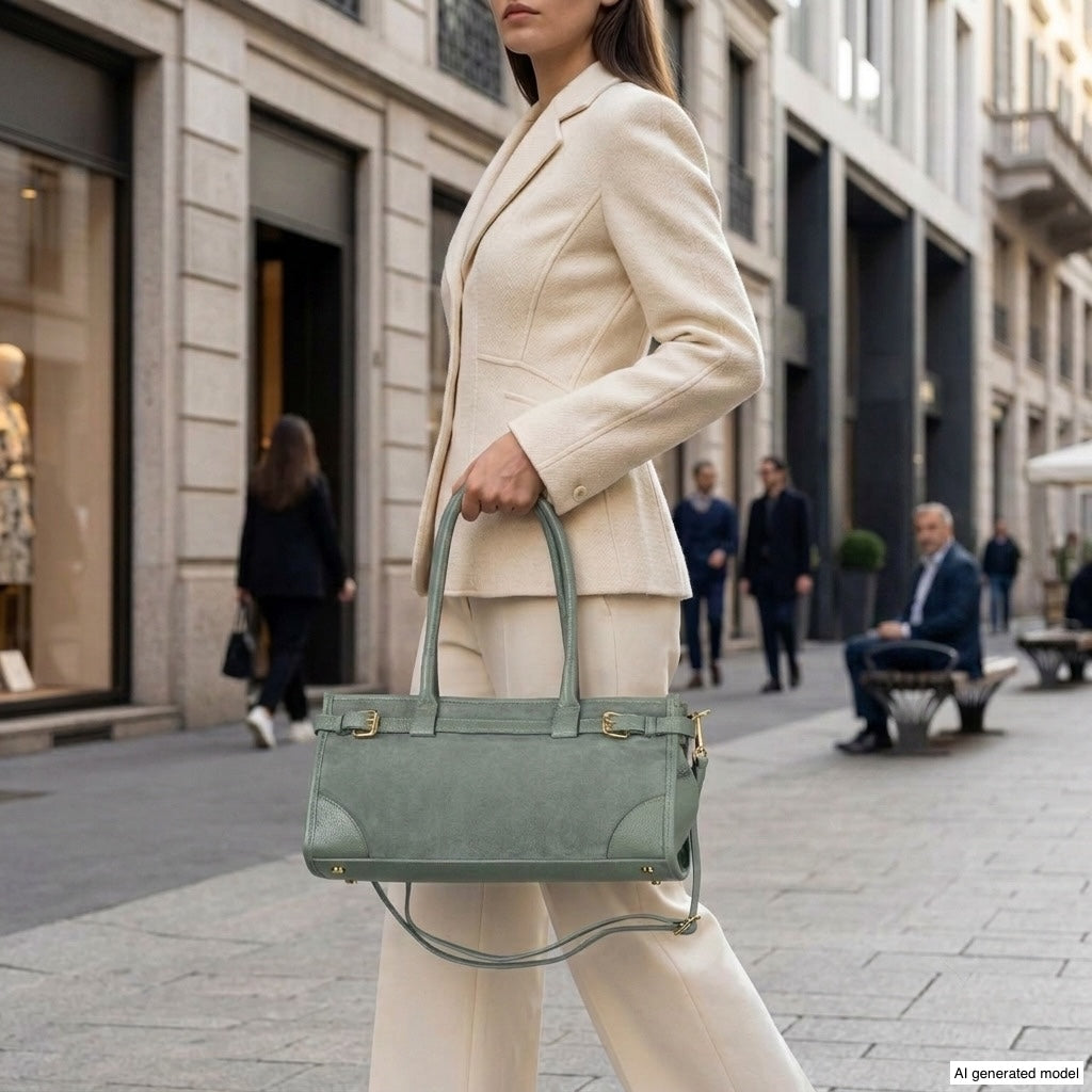 A woman in a cream suit holds a structured handbag in mint green while walking on a city street lined with buildings. Other people are visible in the background.