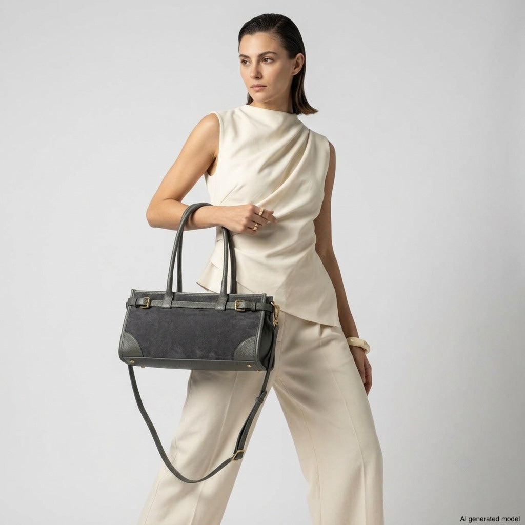 Woman in a cream sleeveless top and pants poses holding a structured black handbag with gold hardware against a plain light background.