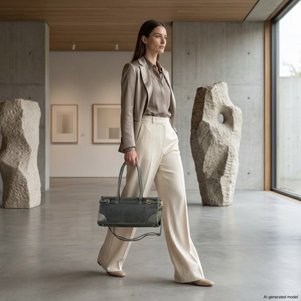 A woman in a taupe blazer, blouse, and cream pants walks in a modern art gallery, carrying a structured Italian leather handbag. Abstract stone sculptures and framed art are on display in the background.