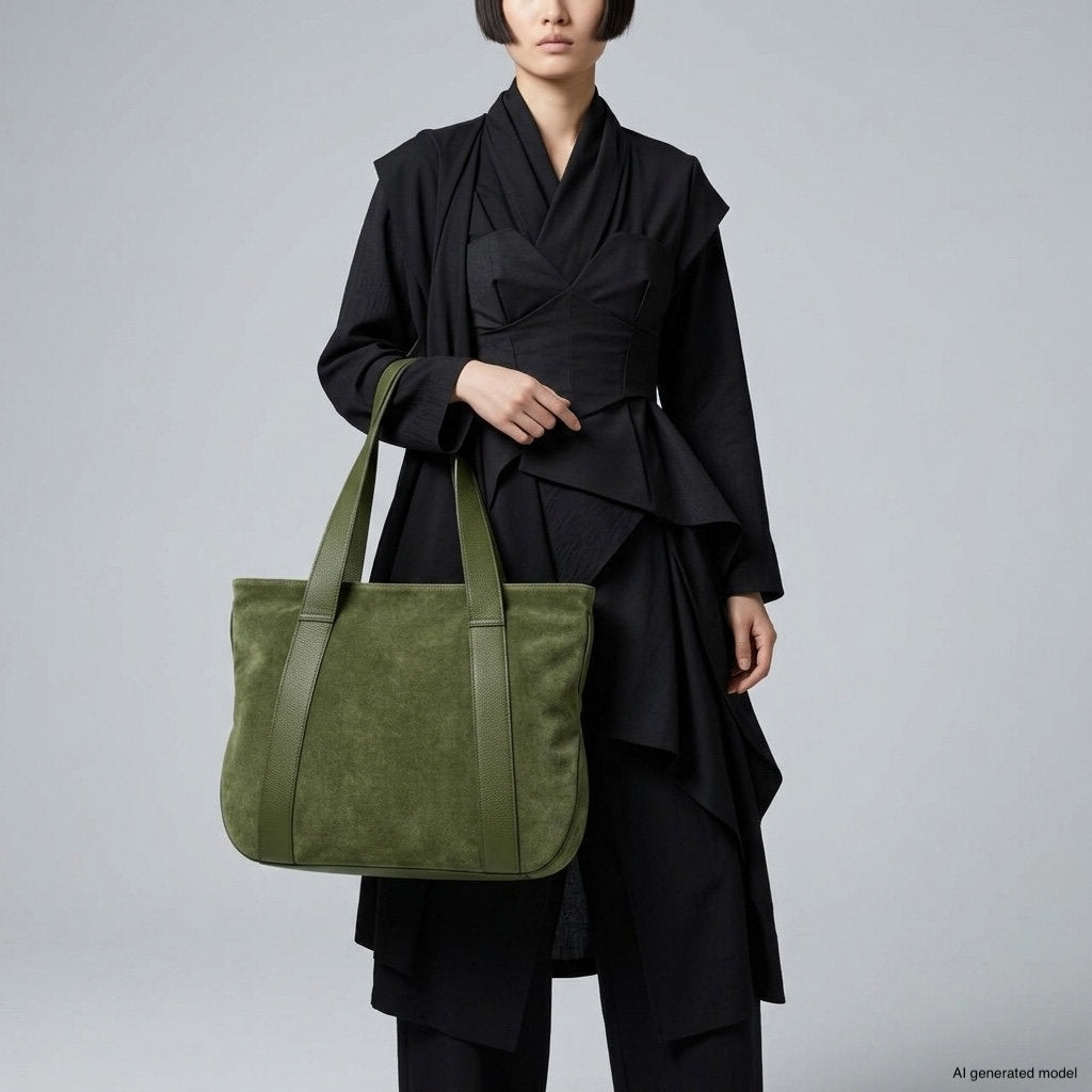 A woman in a layered black outfit holds a large olive green everyday tote with long straps. The background is plain grey. Only her upper body and the bag are visible.