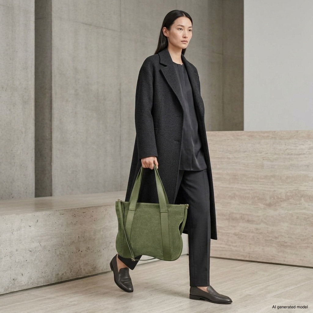 A woman in a long dark coat, black pants, and loafers holds an Italian handcrafted bag while walking indoors in a modern, minimalist setting.