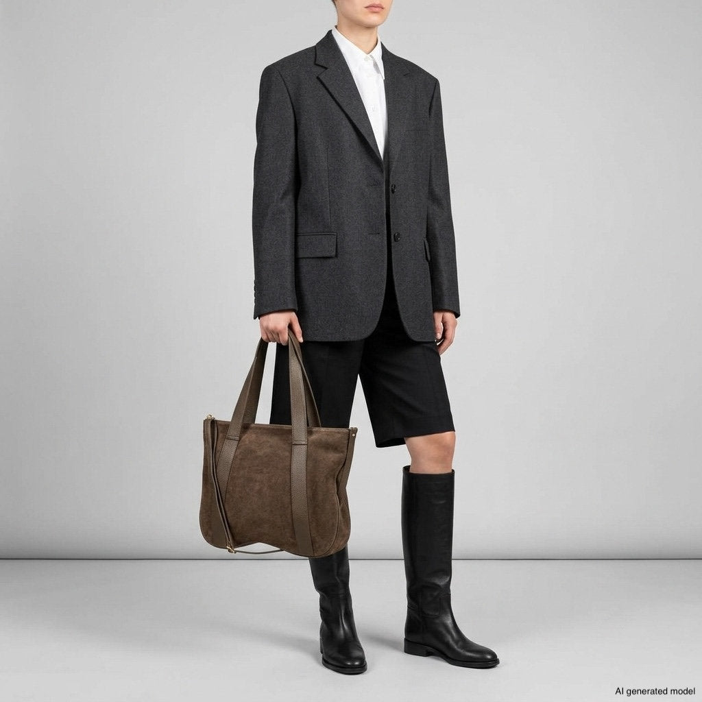 Person in a dark blazer, white shirt, black shorts, and knee-high black boots holds an Italian handcrafted bag in rich brown suede leather. The background is plain and gray.