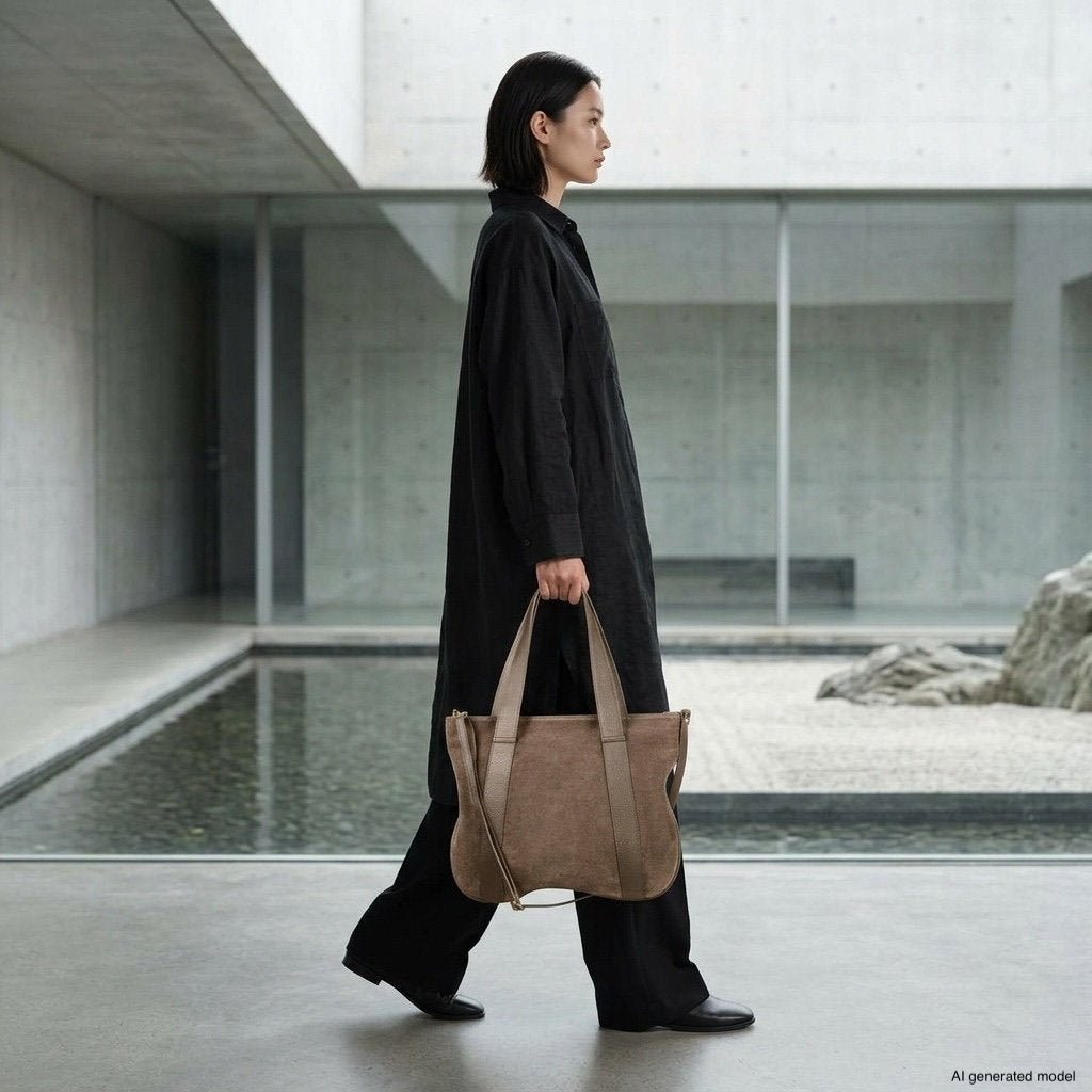A person in a long black outfit and black shoes stands indoors by a shallow pool, carrying an Italian handcrafted bag in beige. The setting is modern and minimalist with concrete walls and stones.