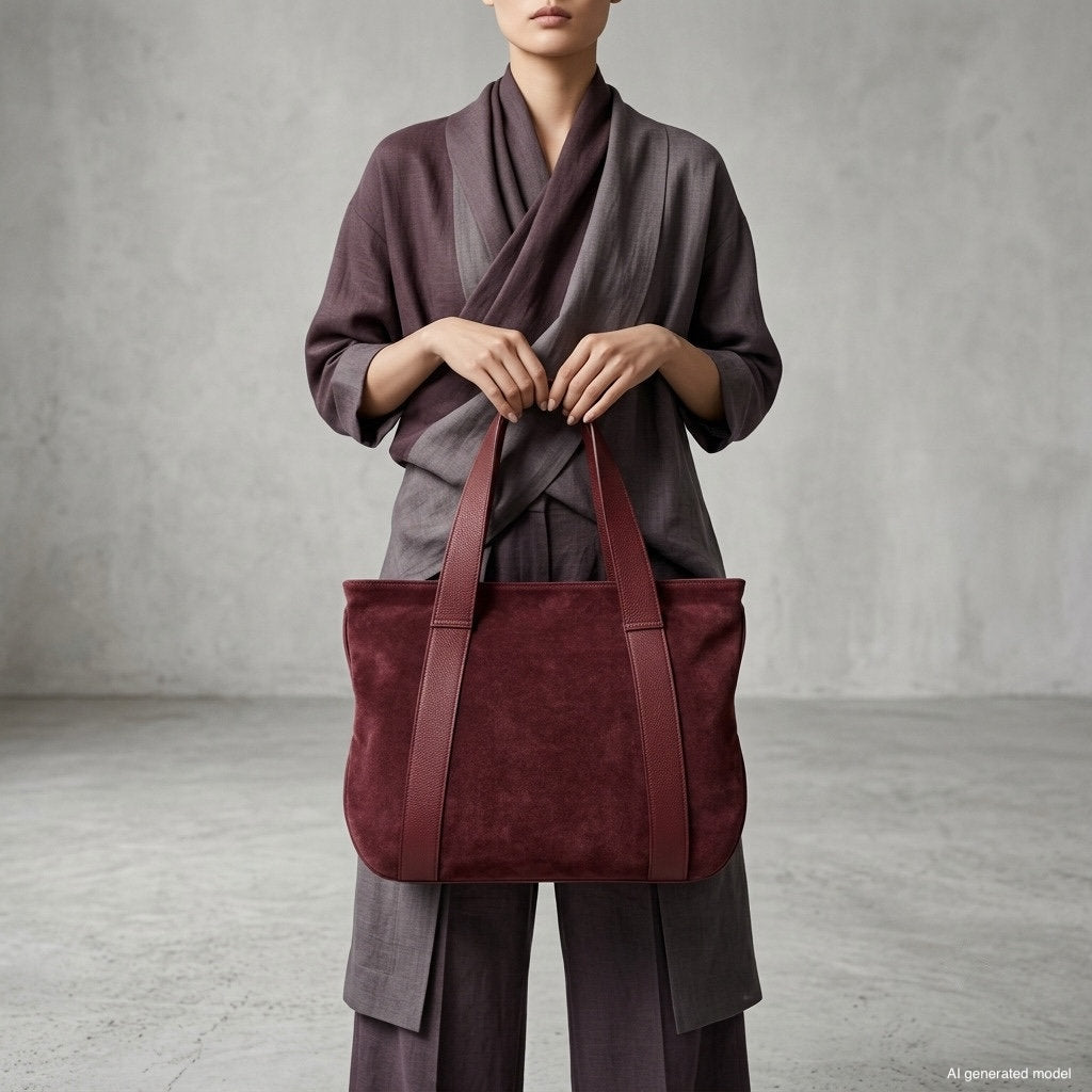 A person in a loose, draped outfit holds an Italian handcrafted everyday tote with both hands in front of a textured gray wall. The model’s face is not visible.