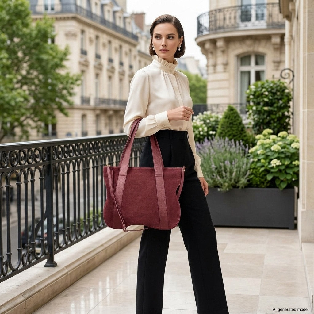 A woman in a cream blouse and black pants stands on a city balcony, holding an Italian handcrafted bag. Elegant buildings and greenery are in the background.