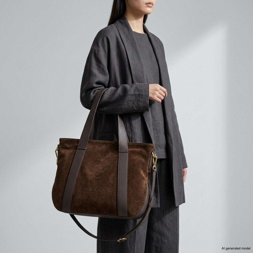 A woman in a loose, dark gray outfit holds an Italian handcrafted suede leather bag with dark leather straps. The background is plain and light, highlighting the fashion and accessory.