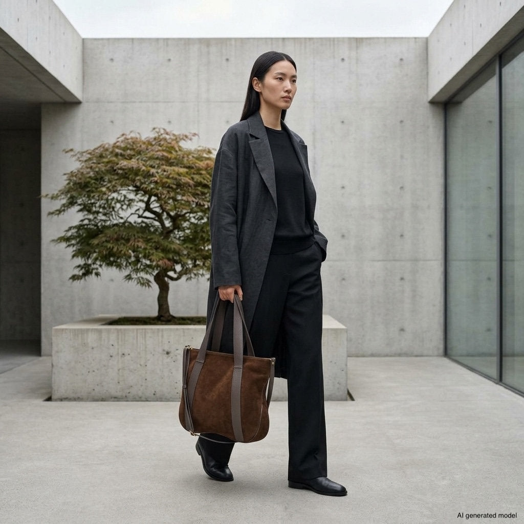 A woman in a dark suit carries an Italian handcrafted bag, walking outside a modern concrete building with a small tree in the courtyard.
