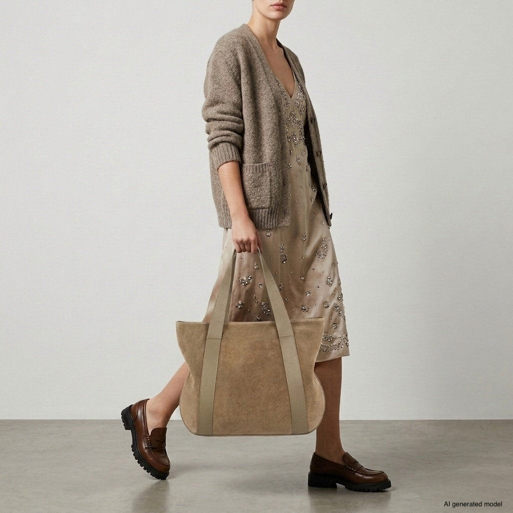 A woman in a beige cardigan and floral dress carries an Italian handcrafted bag in a large tan style. She wears brown loafers and stands against a plain, light-colored wall. The image has a soft, neutral color palette.