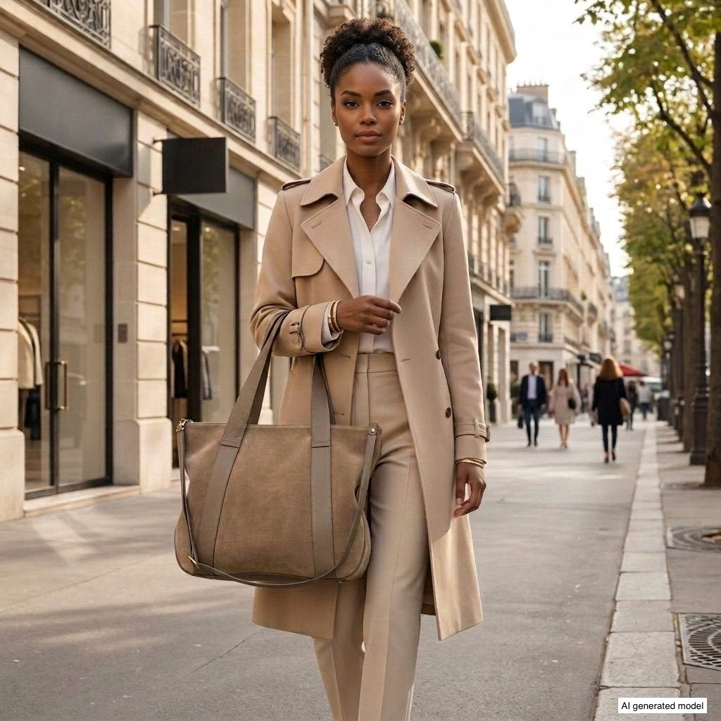 A woman in a tan trench coat and trousers walks down a city street, carrying an Italian handcrafted bag. Elegant buildings line the sidewalk, and a few other people are seen in the background.