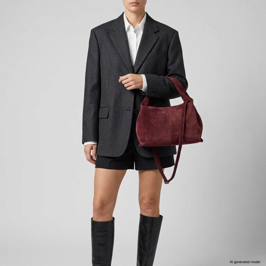 A person in a dark blazer, white shirt, black shorts, and knee-high boots holds a large handcrafted suede handbag, showcasing Italian craftsmanship against a plain gray background. The model’s head remains partially out of frame.