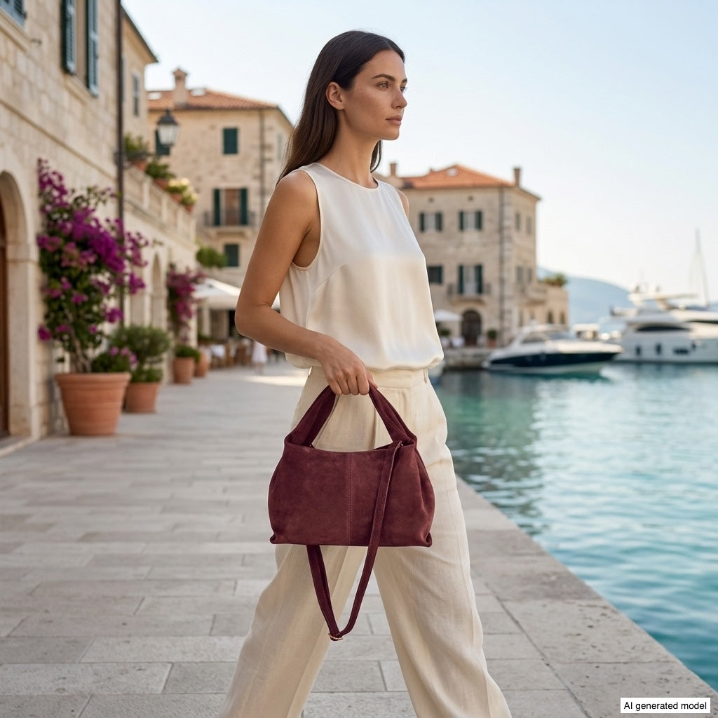 A woman in a white sleeveless top and pants carries a handcrafted bag, showcasing Italian craftsmanship, while walking along a marina with yachts and stone buildings in the background.