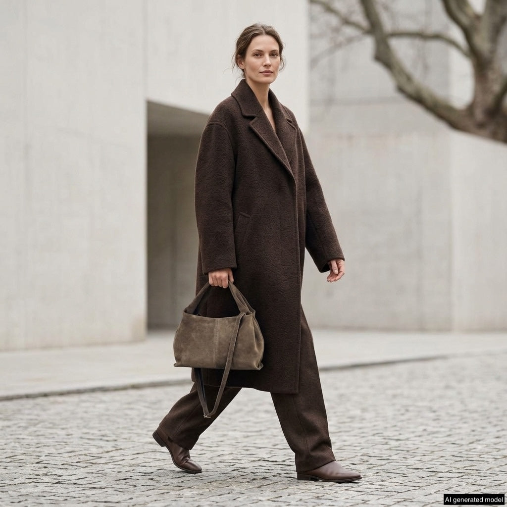 A woman in a long brown coat, matching pants, and brown shoes walks on a cobblestone path, carrying a suede handbag. The background features minimalist architecture and a leafless tree.