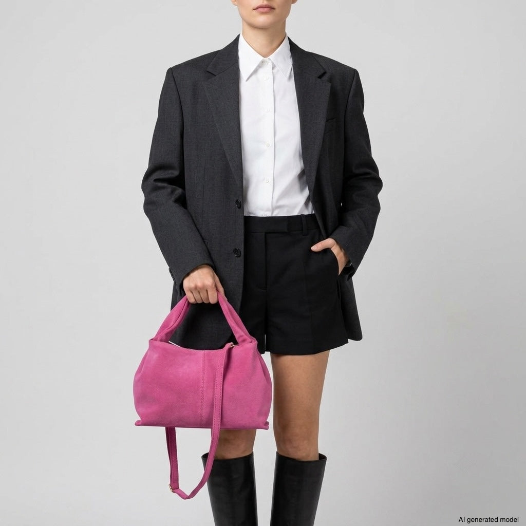 A person wearing a dark blazer, white shirt, black shorts, and tall black boots holds a bright pink handcrafted bag. The background is plain light gray. The person's face is not visible.