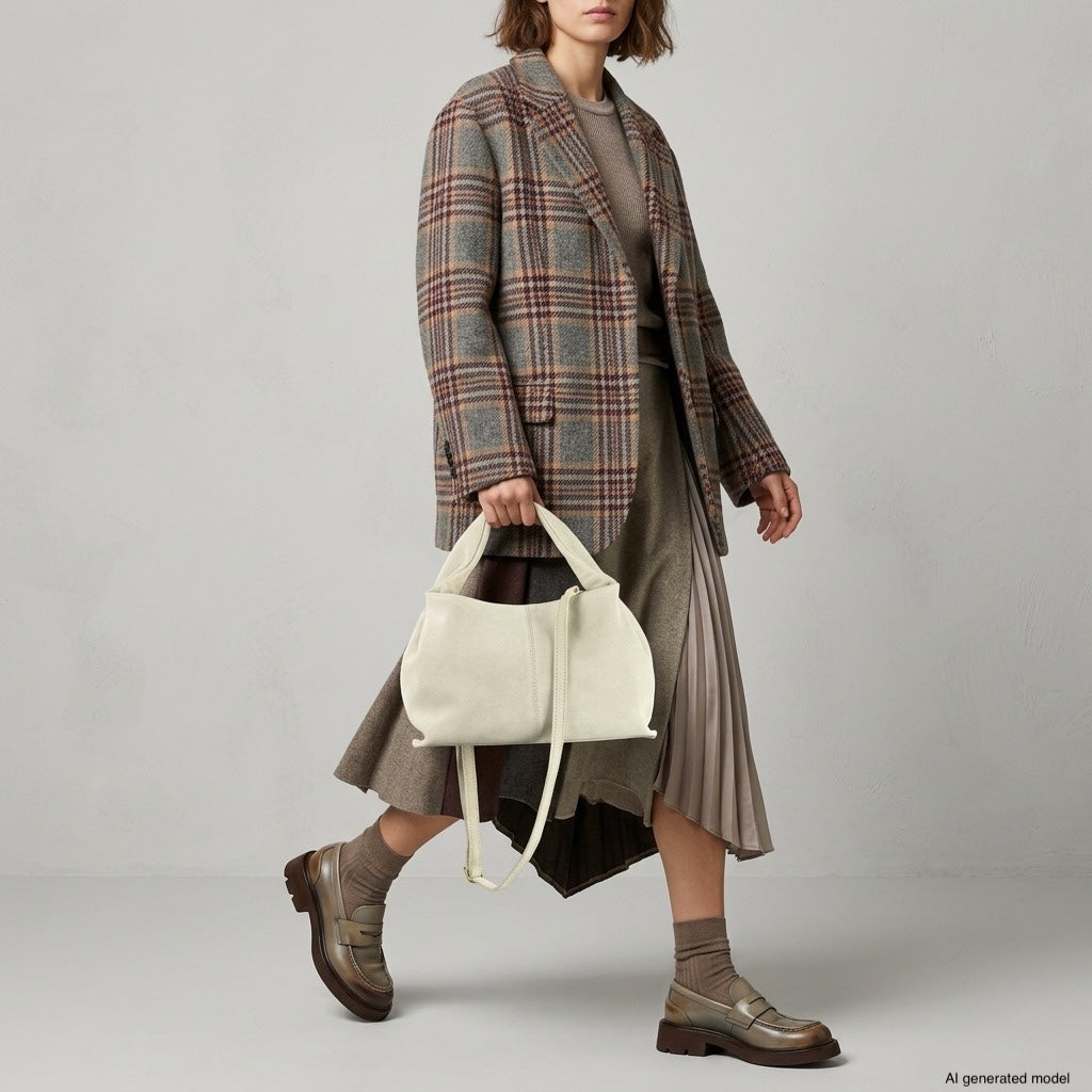 A woman wearing a plaid blazer, pleated skirt, and loafers walks with a large cream suede handbag against a plain background. The neutral-toned outfit is partially cropped from the shoulders up, highlighting the refined Italian craftsmanship.
