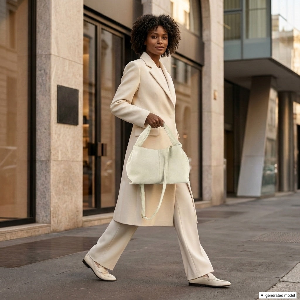 A woman in a cream-colored coat and pants walks confidently down a city sidewalk, carrying a handcrafted bag. She has curly hair, wears loafers, and the background features modern buildings with large windows.