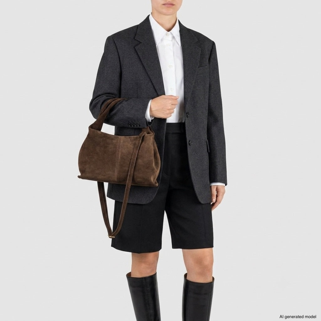 Person wearing a dark blazer, white shirt, black knee-length shorts, and black knee-high boots, holding a brown suede handbag with Italian craftsmanship and a shoulder strap against a plain light background.