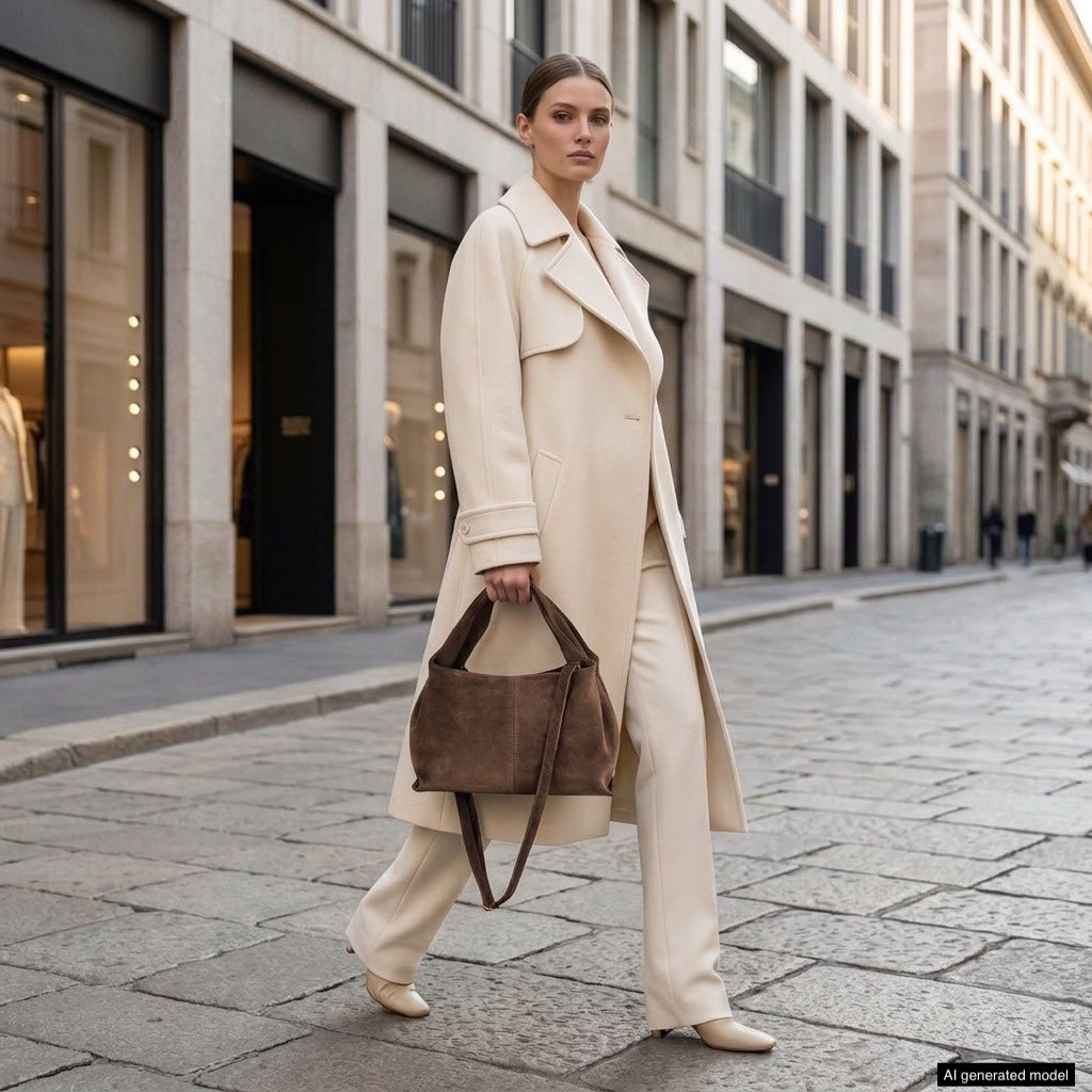 A woman in an elegant cream-colored coat and pants walks on a city street, carrying a brown suede handbag that reflects Italian craftsmanship. Glass storefronts and tall buildings line the background.