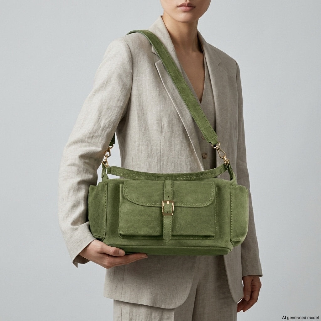 A person in a beige suit holds a green suede leather handbag with a front flap and pocket, handmade in Italy, against a plain light background.