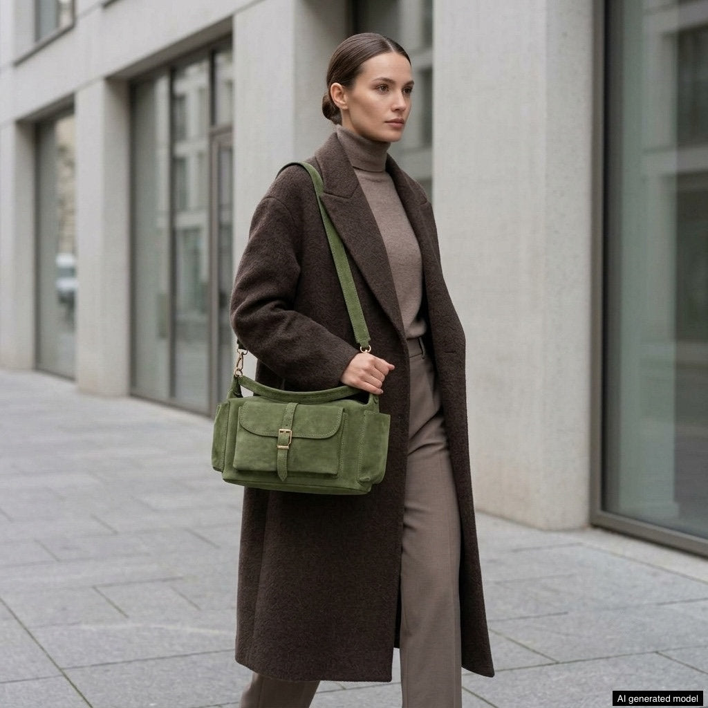A woman in a long brown coat and taupe pants walks outside near modern buildings, carrying a green suede leather handbag handmade in Italy and looking ahead with a neutral expression.