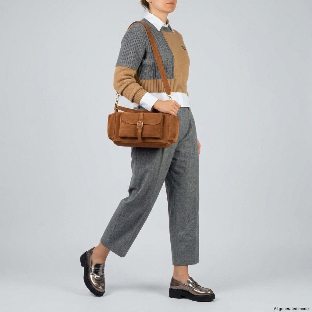 Person wearing a color-block sweater, gray trousers, and metallic loafers, carrying a brown suede leather handbag handmade in Italy. The background is plain and light-colored.