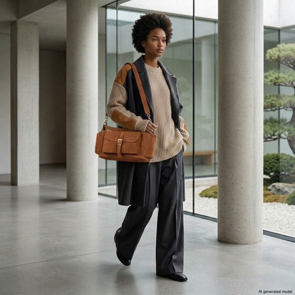 A person in loose, stylish clothing and a brown suede leather handbag walks indoors near large windows, with a minimalist garden and concrete columns in the background.