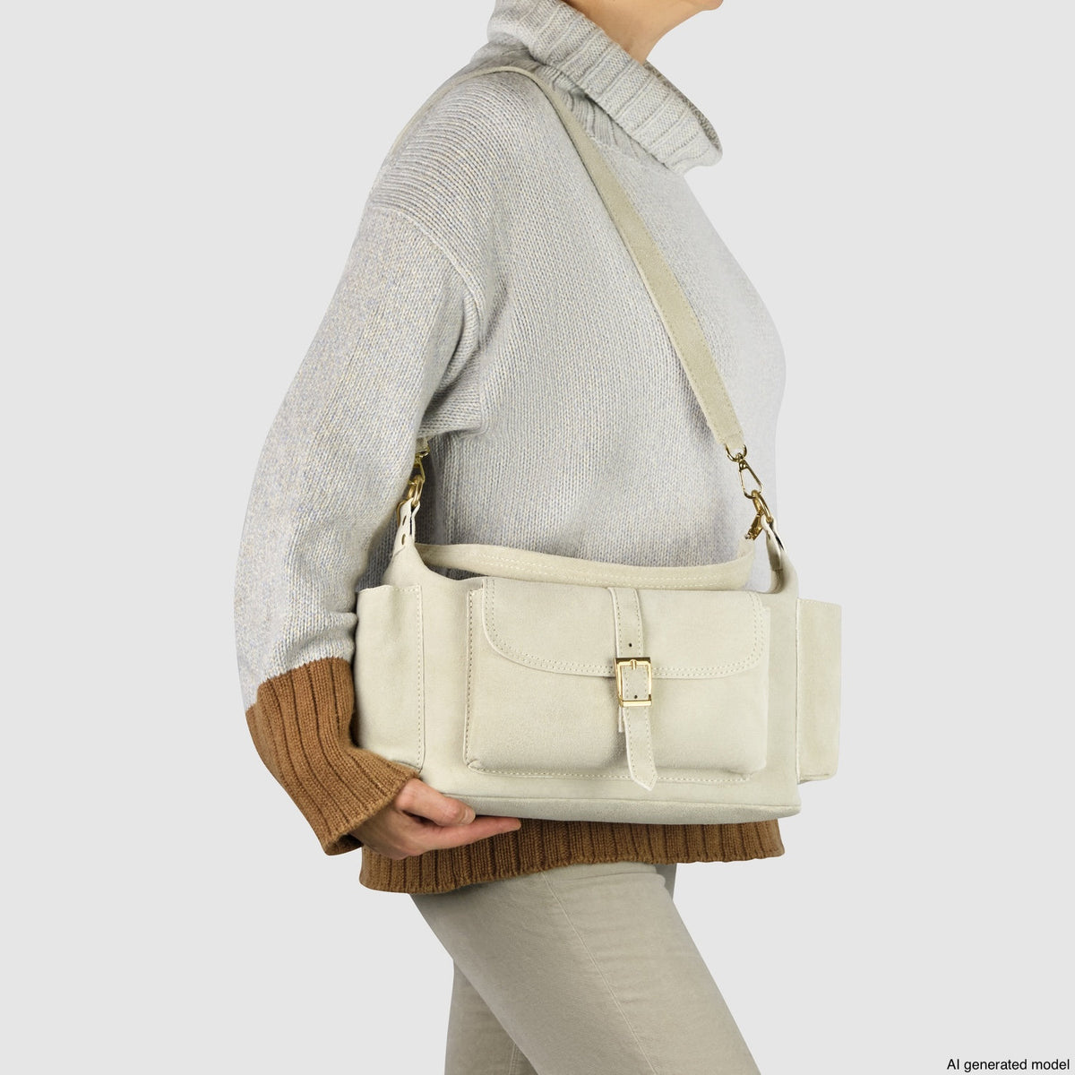 A person wearing a gray turtleneck sweater and light pants carries a beige suede leather handbag with a front pocket and buckle, handmade in Italy.