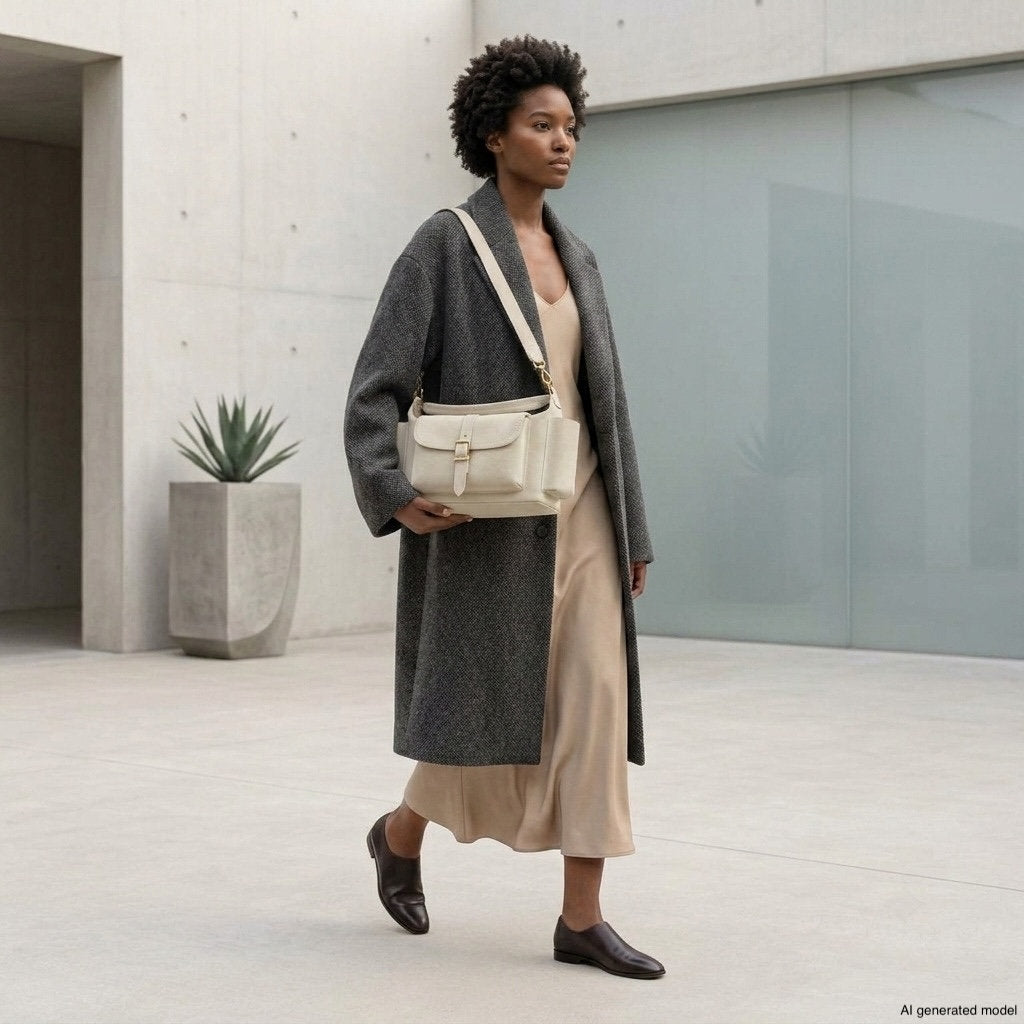 A person in a long gray coat and beige dress walks outdoors, carrying a large cream-colored suede leather handbag. The background features modern architecture and a potted plant.