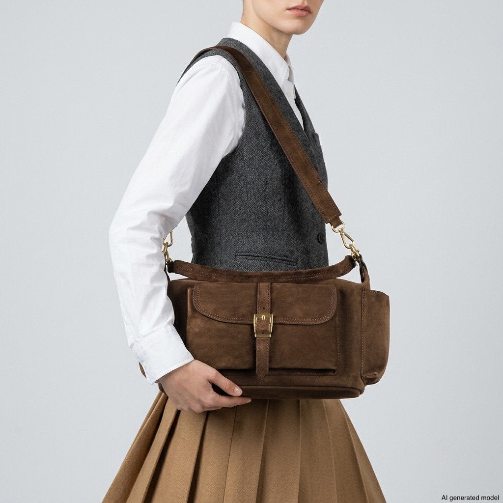 Person wearing a white shirt, gray vest, and beige skirt holding a brown suede leather handbag with a shoulder strap against a plain light gray background.