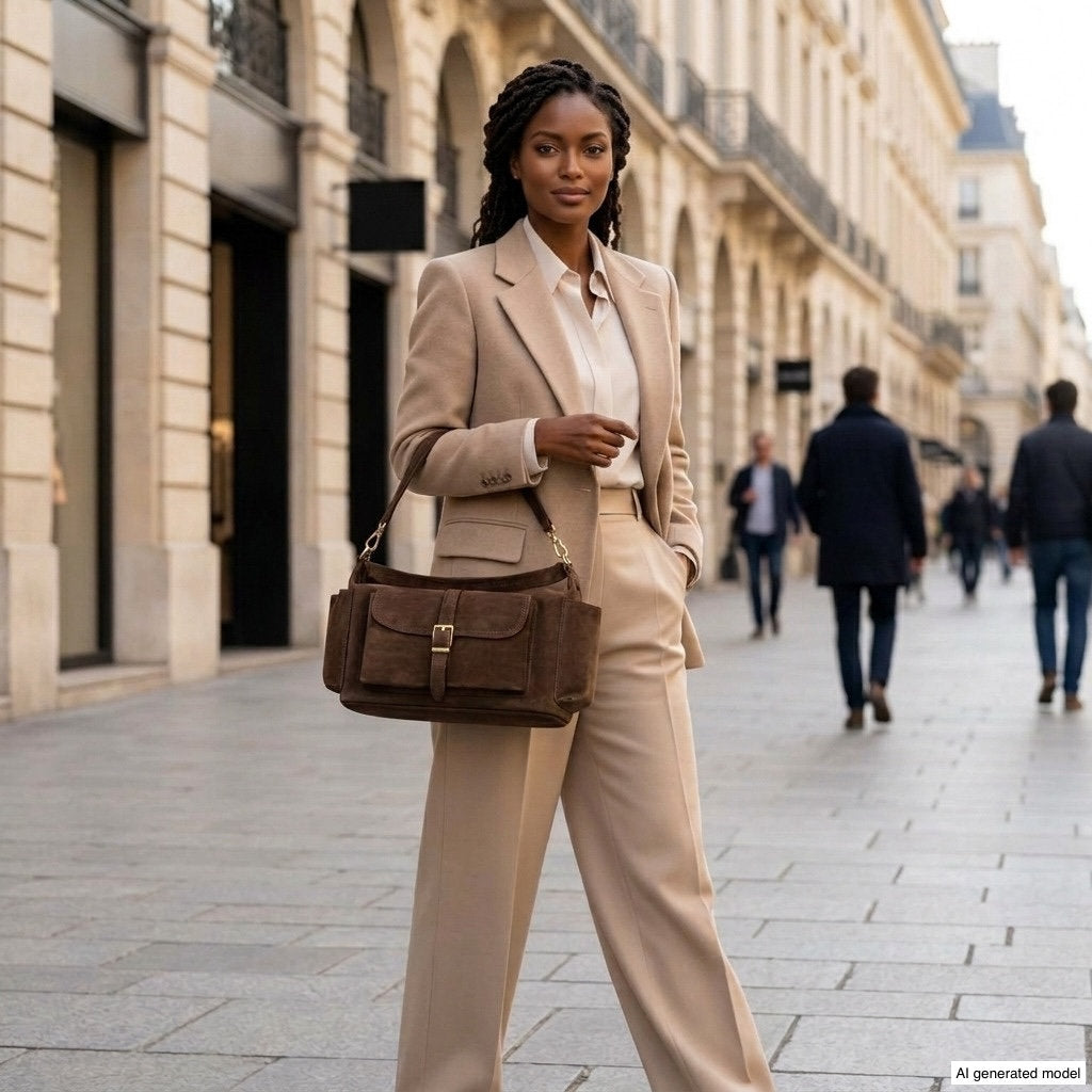 A woman in a tan suit stands on a city street, holding a stylish suede leather handbag. The background features elegant buildings and several people walking.