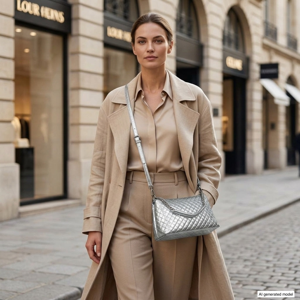 A woman in a beige trench coat and matching trousers walks on a city street lined with elegant shops. She carries an Italian suede handbag and looks confidently ahead.