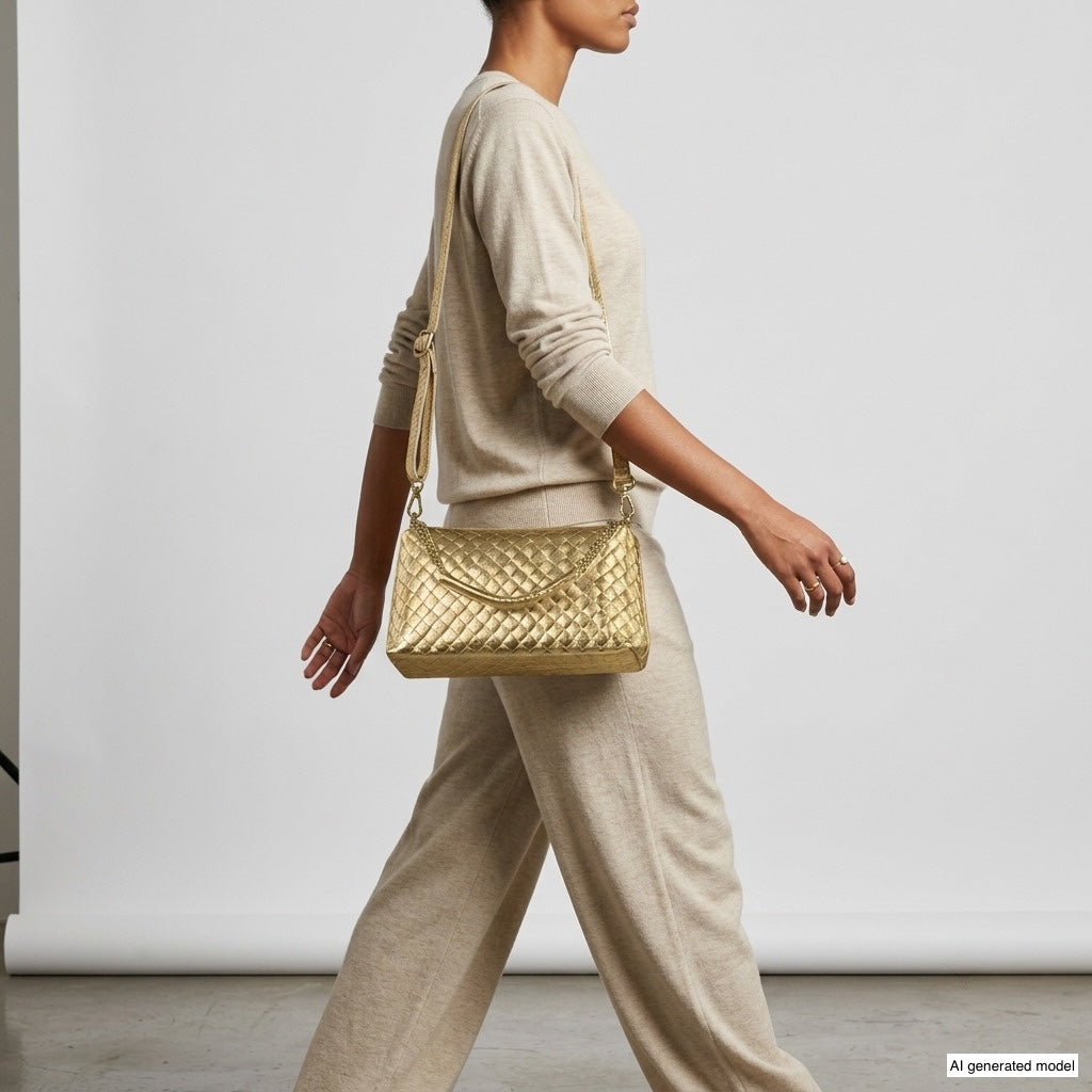 A person wearing a beige sweater and pants walks, carrying a luxury crossbody bag in gold quilting. The background is plain and light-colored.