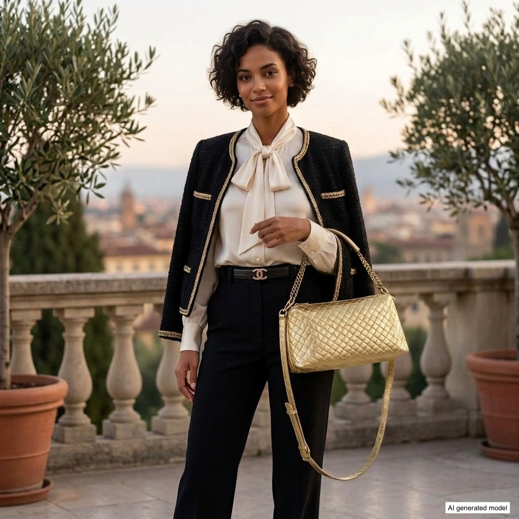 A stylish woman with short curly hair stands on a balcony, wearing a black jacket over a white blouse, black pants, and carrying a luxury crossbody bag. Two potted trees and a cityscape are in the background at sunset.