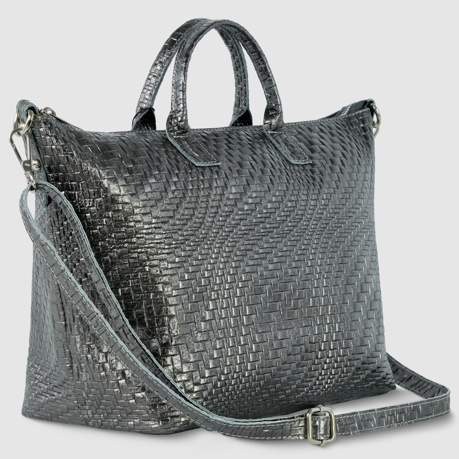 A textured Italian leather handbag with a woven pattern, featuring two short handles and a long adjustable shoulder strap with metal clasps, is displayed on a plain light background.