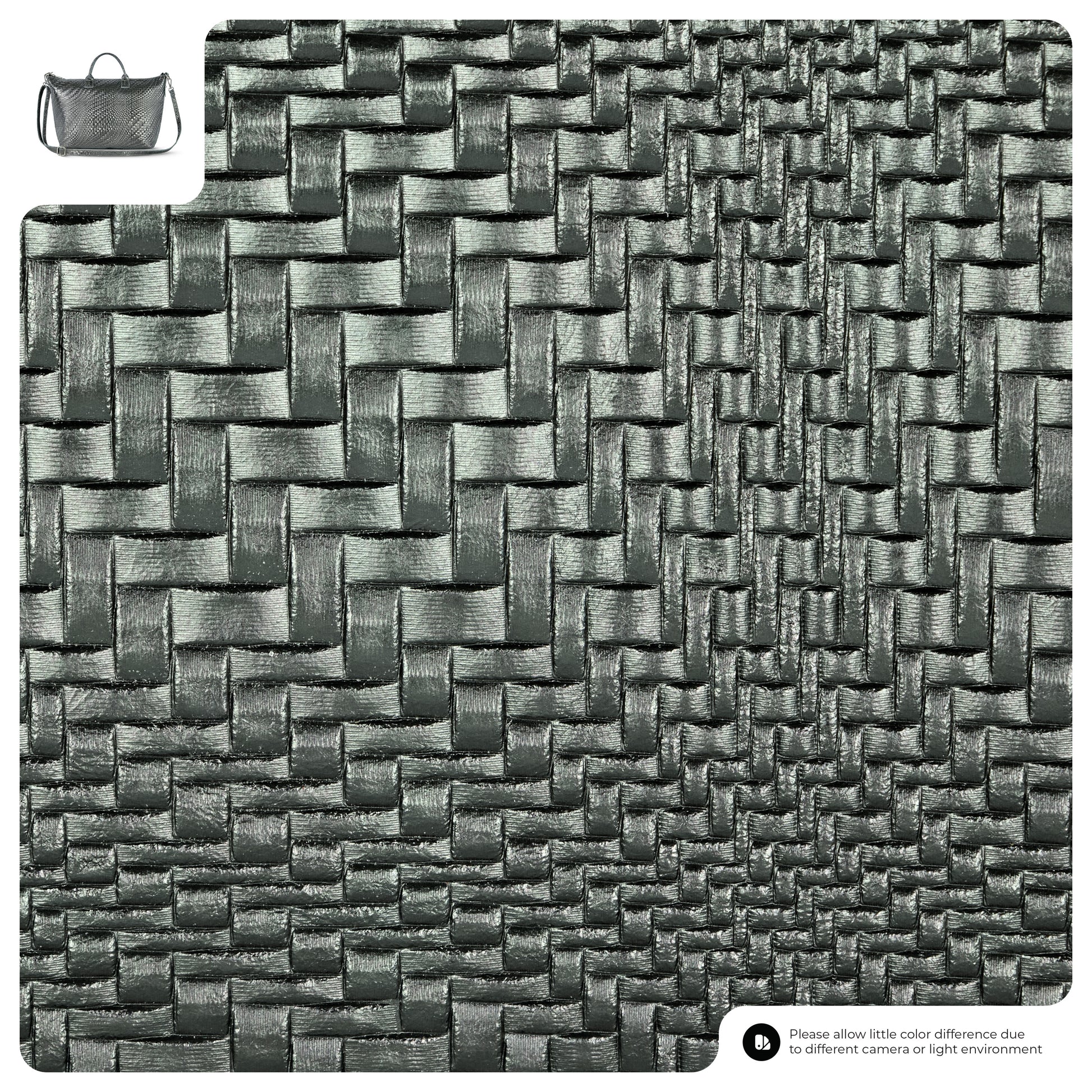 Textured grey fabric with a woven pattern, featuring a small handbag graphic in the corner.