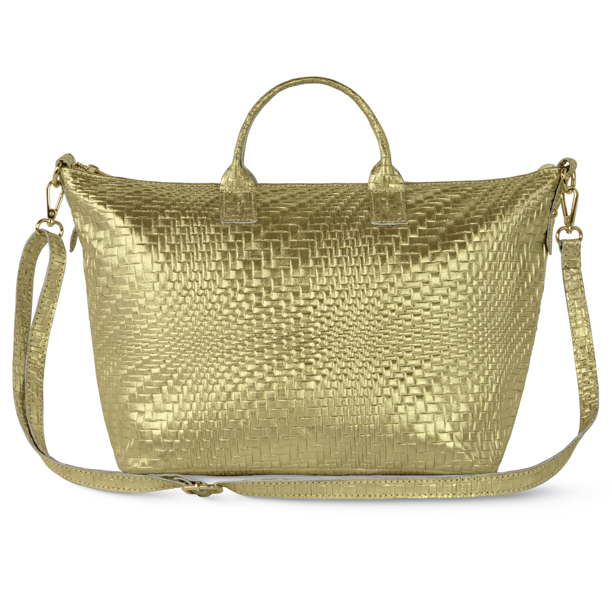 A gold, grid-embossed purse with woven texture, featuring two short handles and a long detachable shoulder strap, displayed against a white background.