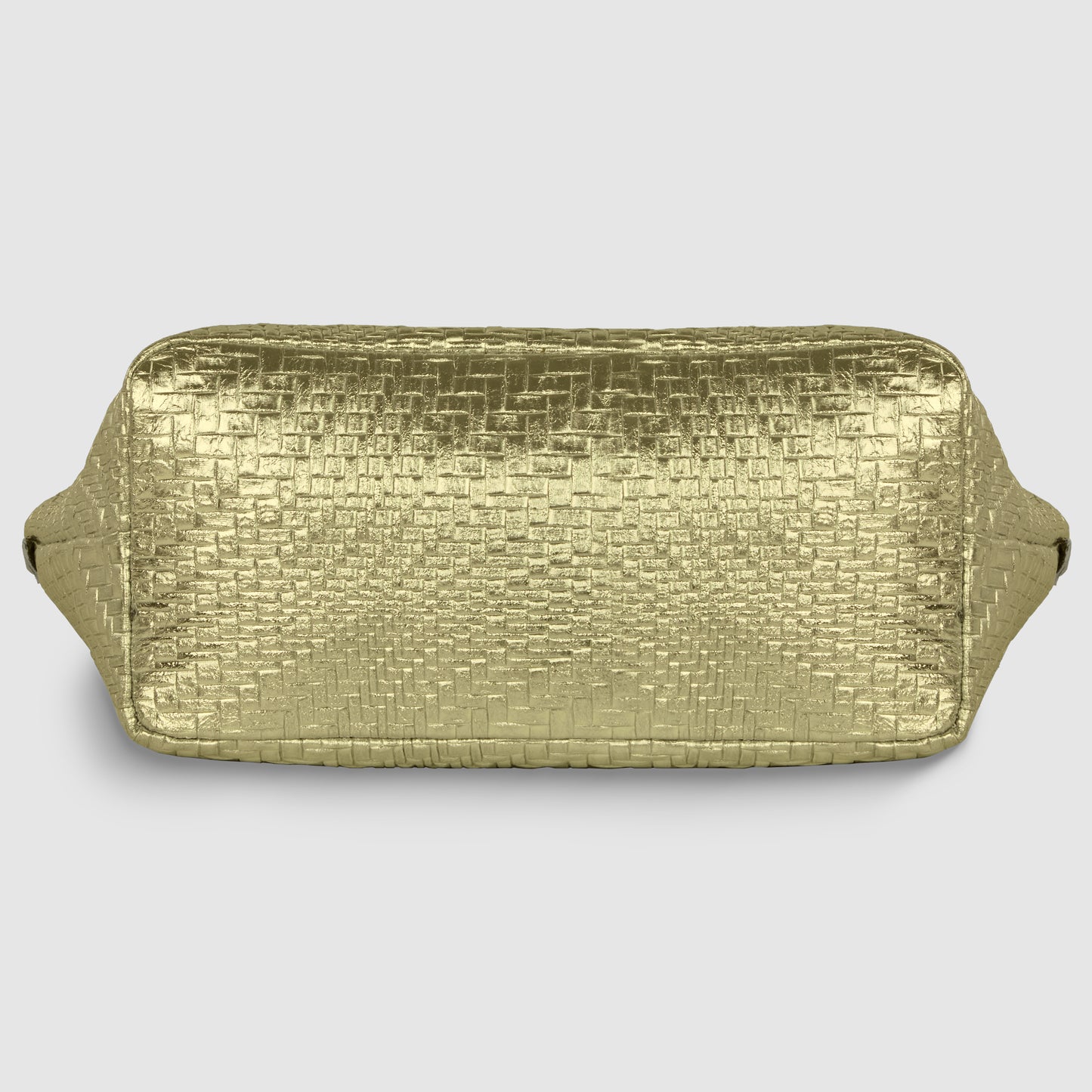 A rectangular gold clutch bag with a textured, woven pattern and shiny metallic finish, shown against a light gray background. This elegant grid-embossed purse features small handles on both sides for easy carrying.